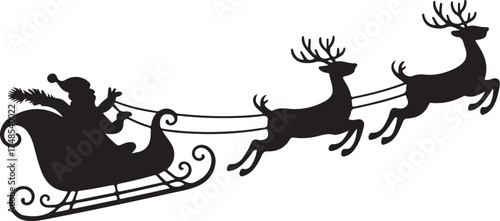 Santa Claus on sleigh flying sky with reindeers black vector silhouette on white background. illustration design for winter holiday decoration, Christmas greeting card and Happy new year