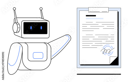 Robot gestures at a clipboard containing a signed document, emphasizing digital contracts and automation. Ideal for technology, AI, workflow, innovation, modernization, digital tools, agreements