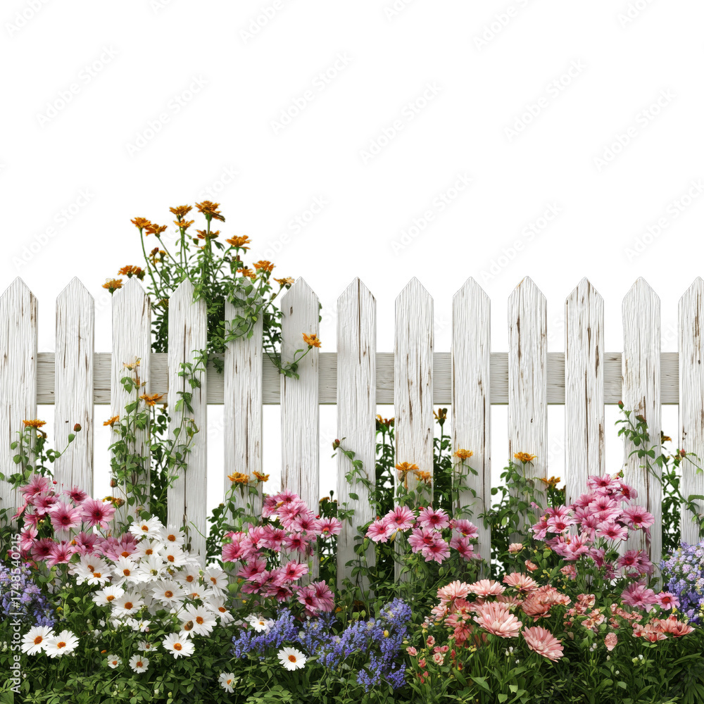 Fototapeta premium White garden fence with floral pattern. Isolated white background. Png format