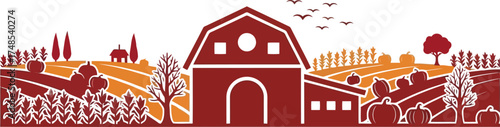 Vibrant autumn farm scene with red barn harvest fields and trees illustration landscape vector