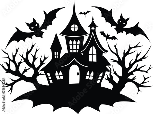Halloween, vector illustration vector art of a spooky haunted house silhouette with bats flying around, perfect for halloween themed designs and decorations	