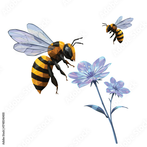 Two Bees Flying Towards a Delicate Blue Flower.