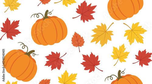 Vibrant autumn harvest pumpkins and colorful maple leaves seasonal decoration elements vector