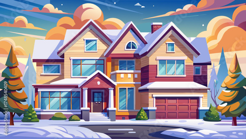 Very beautiful new modern duplex house with light snow in suburban neighborhood under cloudy sky, vector-style illustration ideal for real estate and architectural design.
