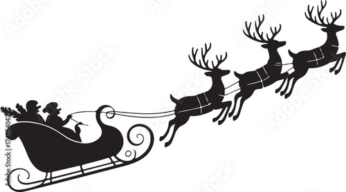 Santa Claus rides in a sleigh in harness on the reindeer
