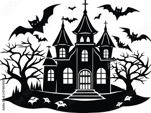 Halloween, vector illustration vector art of a spooky haunted house silhouette with bats flying around, perfect for halloween themed designs and decorations	