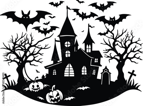 Halloween, vector illustration vector art of a spooky haunted house silhouette with bats flying around, perfect for halloween themed designs and decorations	