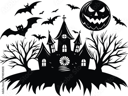 Halloween, vector illustration vector art of a spooky haunted house silhouette with bats flying around, perfect for halloween themed designs and decorations	
