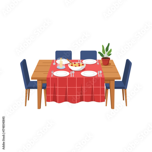 Cozy dining table setting with food and chairs ready for mealtime vector