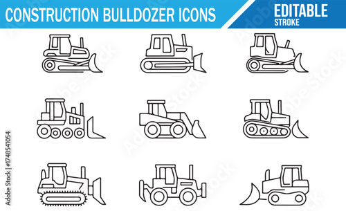 Vector icon collection of bulldozers, construction vehicles, and site work equipment.