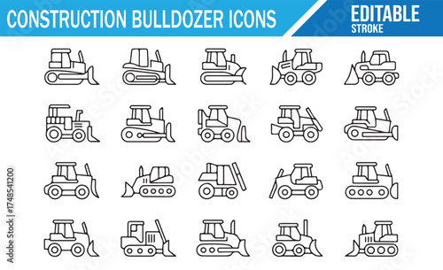 Set of construction icons featuring bulldozers, loaders, and excavation equipment in line art.