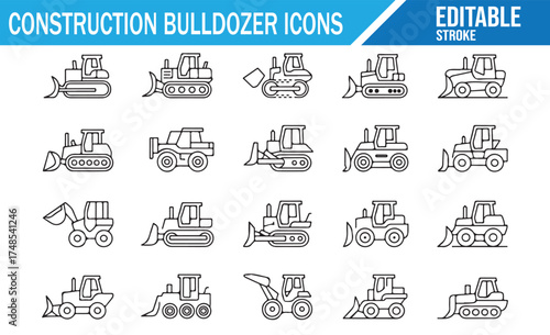 Editable construction bulldozer icons, construction machinery symbols for design and illustrations.