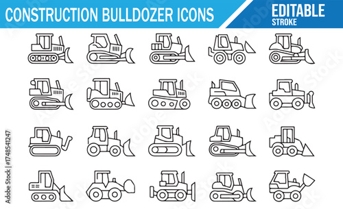 Set of construction bulldozer icons, including various types of machinery for building and excavation tasks. Editable line art vector illustration for design projects.