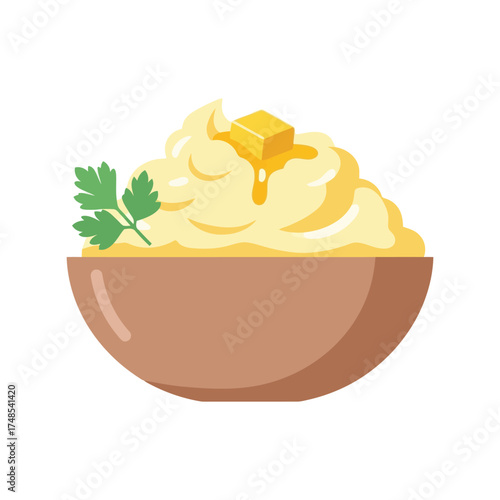 Creamy mashed potatoes garnished with butter and parsley in a bowl vector