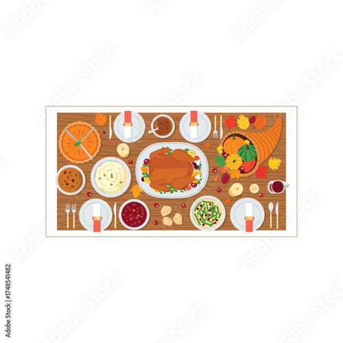 Abundant festive thanksgiving dinner feast overhead view delicious celebration meal vector