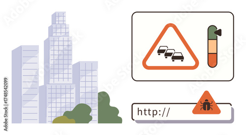 Skyscrapers beside traffic congestion warning sign, fuel gauge, and a URL bar with malware alert. Ideal for city safety, traffic management, cybersecurity, risk, technology, urban planning modern