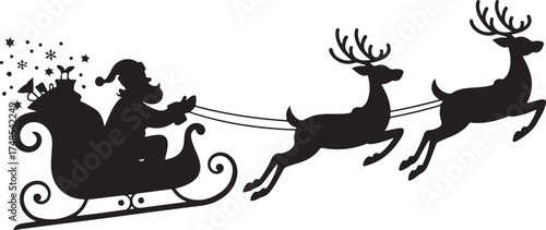 Silhouette of Santa Claus riding in a sleigh with reindeer. Vector on transparent background