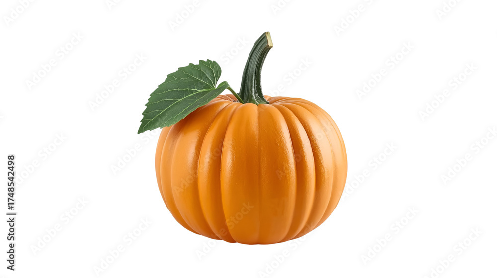 Obraz premium Orange Pumpkin with One Green Leaf on Black Background