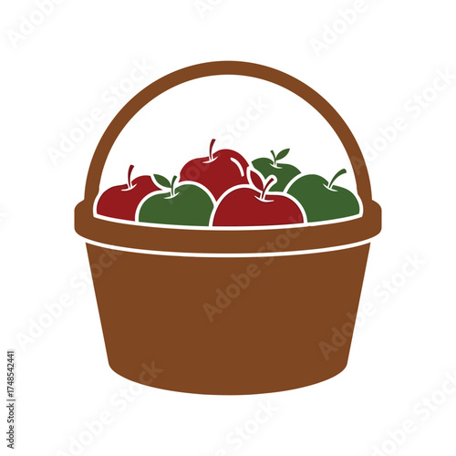 Fresh red and green apples harvested in a woven basket full of ripe fruit vector