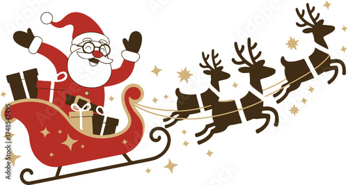 Silhouette of Santa holding one hand on a sleigh with reindeer and waving on a white. Christmas, new year