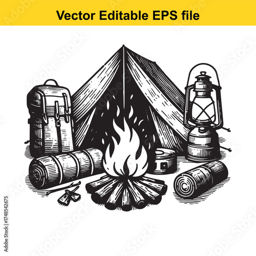 Vector art of retro camping scene with a tent, campfire, backpack, sleeping bags, and lantern