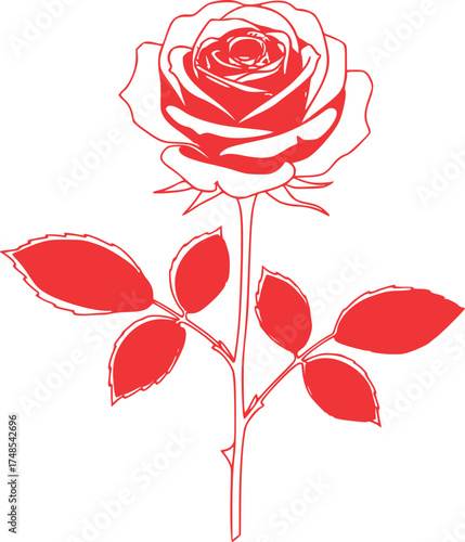 Single Red Rose Flower Botanical Art Elegant Bloom Minimalist Outline Design vector illustration