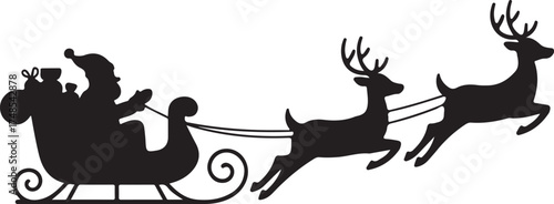 Silhouette reindeer sleigh ride, black, vector, isolated