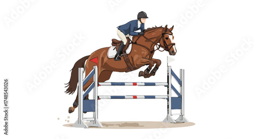 Equestrian Jumping Horse Over Obstacle.