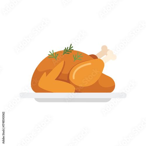 Golden roasted whole chicken feast platter delicious home cooking food illustration vector