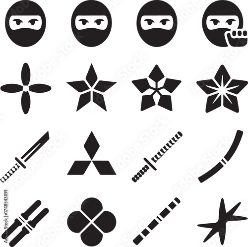 stealth ninja icon pack black silhouette shuriken katana nunchaku cultural symbols for posters and apps