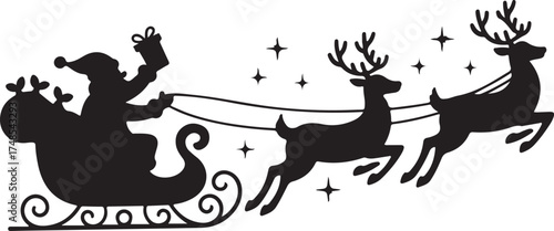 Silhouette reindeer sleigh ride, black, vector, isolated