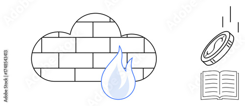 Cloud firewall with a brick pattern and flame, alongside a falling coin and open book. Ideal for cybersecurity, cloud protection, data privacy, knowledge sharing, finance, online learning, and IT