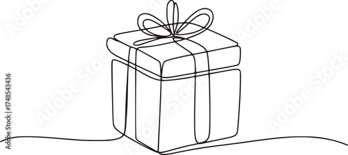 Minimalist line drawing of a gift box with ribbon present line art
