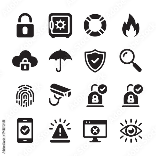 black and white protection and surveillance icons pack for web ux cybersecurity presentations and docs