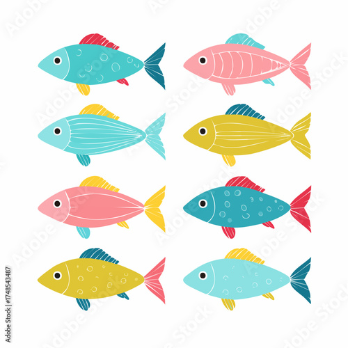Set of eight stylized fish illustrations.