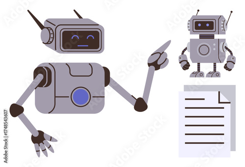 Two robots in conversation, one gesturing toward a document. Ideal for AI, technology, automation, innovation, teamwork, digital transformation, robotics simple flat metaphor