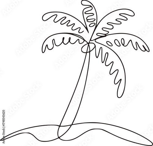 Minimalist palm tree on sandy shore line art tropical beach