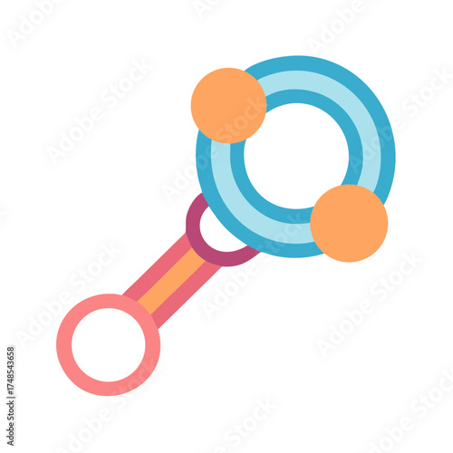 Simple colorful baby rattle graphic on a black background