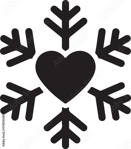 Snowflake with heart icon. Black silhouette snow flake sign, isolated on white background. Flat design. Symbol of winter, Christmas, New Year holiday, Valentines day. Vector illustration
