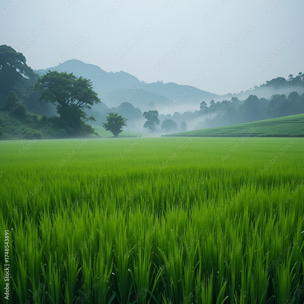 Obraz premium Green rice plantation with summer sky and natural scenery 