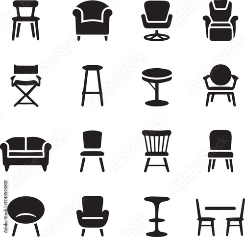 vector chair silhouettes grid icons seating furniture set ai eps jpeg png modern and classic designs