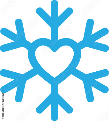 Snowflake with heart icon. Black silhouette snow flake sign, isolated on white background. Flat design. Symbol of winter, Christmas, New Year holiday, Valentines day. Vector illustration