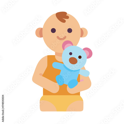 Baby holding blue teddy bear against black background illustration
