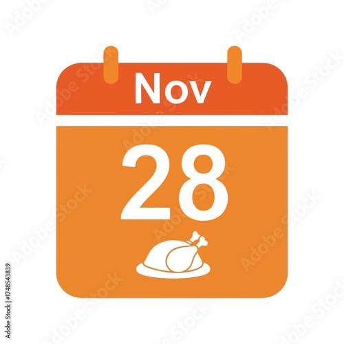 November 28 calendar date thanksgiving dinner turkey celebration event reminder icon vector