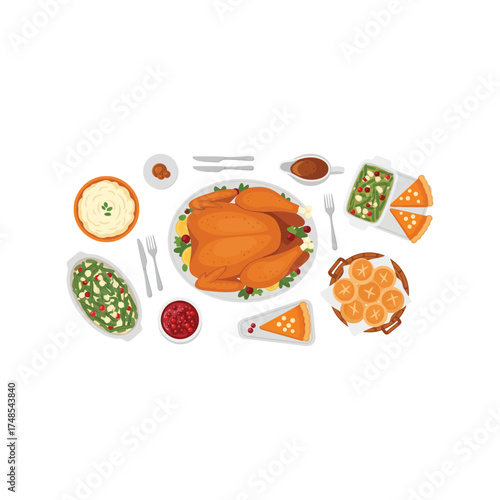 Festive holiday dinner spread roasted turkey gravy cranberry sauce vegetables dessert and drinks vector