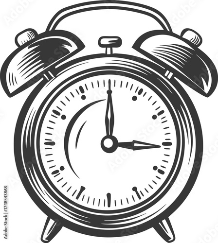 Traditional retro style alarm clock with ringing bells showing three oclock