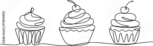 Three stylized cupcakes with cherry topping dessert sweet