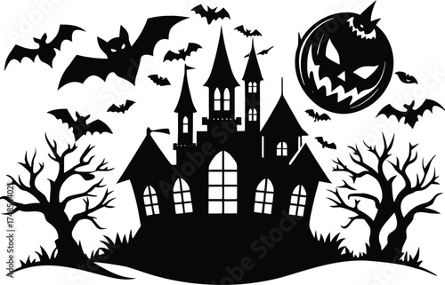 Halloween, vector illustration vector art of a spooky haunted house silhouette with bats flying around, perfect for halloween themed designs and decorations	