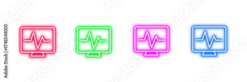 Neon glowing heartbeat monitor vector icons set, cardiac pulse, medical health, ecg ekg, technology, diagnostic, vibrant colorful digital design illustration on  transparent backgroun