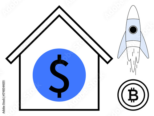 House silhouette with a dollar sign, cryptocurrency icon, and a rocket launch symbolize financial innovation. Ideal for investment, fintech, blockchain, startup, economy, savings future growth